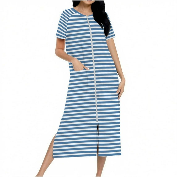 Women's Short Sleeve Zip Front Nightgowns Stripe Full Length Robes Loose Housecoat Loungewear with Pockets