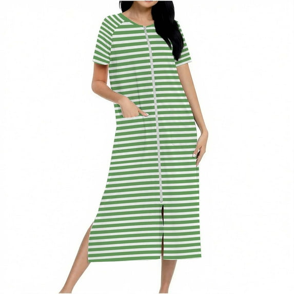 Women's Short Sleeve Zip Front Nightgowns Stripe Full Length Robes Loose Housecoat Loungewear with Pockets