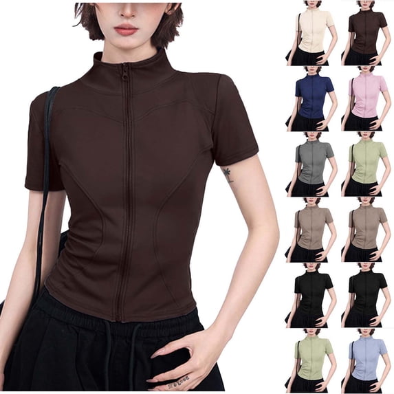 Women’s Short Sleeve Zip Up Athletic Top Slim Fit High Neck Stretchy Workout Shirt Casual Activewear for Gym Running Yoga Coffee M