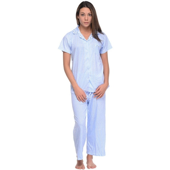 Women's Short Sleeve lace Striped Capri Pajama Set - Blue