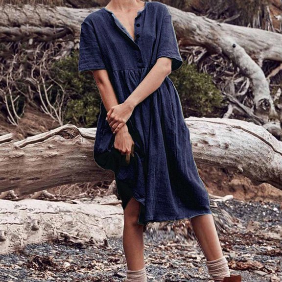 Women's Short Sleeved Button Pocket Round Neck Cotton Linen Dress American Flag Dress Cowgirl Dress For Women Jeans Dresses For Women