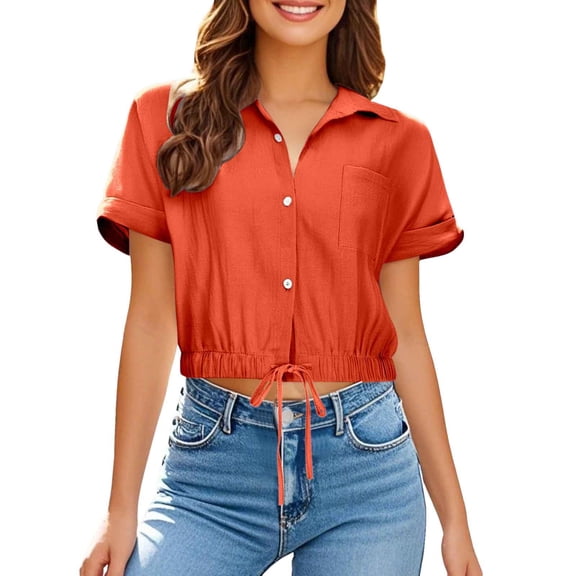 Women's Short Sleeved Lapel Button Down Short Shirt And Pocket Beach Vacation Top