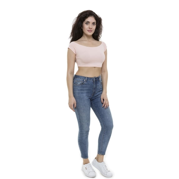 Women's Short Sleeved Off The Shoulder Crop Top, S, Pale Pink, by Ambesonne