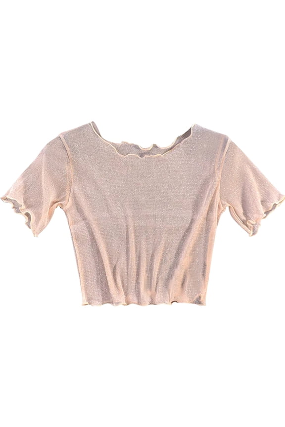 Women's Short Sleeved Open Navel Half Cut Mesh Shirt With Bright Silk And Short T Shirt Top