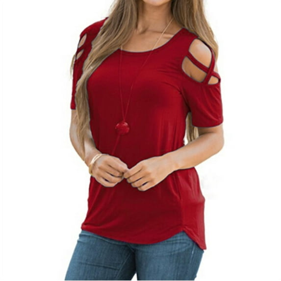 Women's Short-Sleeved Round-neck Solid Color Casual Hole Shoulder Lace-up T-shirt