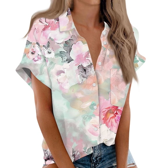Women's Short Sleeved Shirt, Daily Fashion Printed Button Top, Chest Pocket Cardigan
