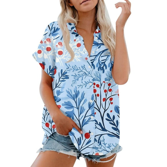 Women's Short Sleeved Shirt, Daily Fashion Printed Button Top, Chest Pocket Cardigan