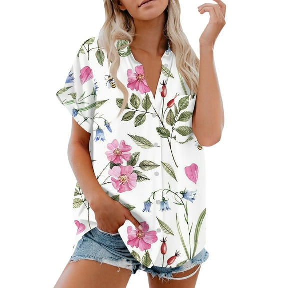 Women's Short Sleeved Shirt, Daily Fashion Printed Button Top, Chest Pocket Cardigan
