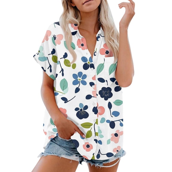 Women's Short Sleeved Shirt, Daily Fashion Printed Button Top, Chest Pocket Cardigan