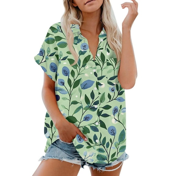 Women's Short Sleeved Shirt, Daily Fashion Printed Button Top, Chest Pocket Cardigan