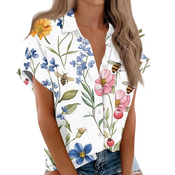 Women's Short Sleeved Shirt, Daily Fashion Printed Button Top, Chest Pocket Cardigan