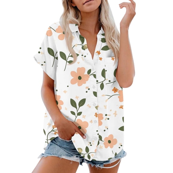 Women's Short Sleeved Shirt, Daily Fashion Printed Button Top, Chest Pocket Cardigan