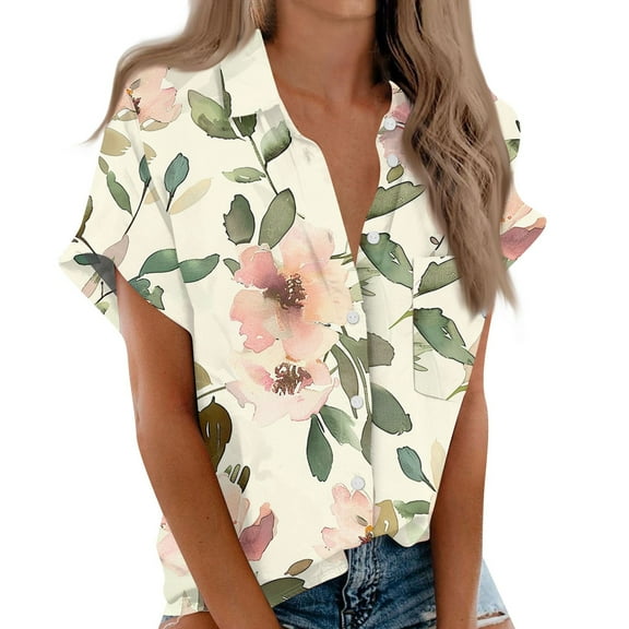Women's Short Sleeved Shirt, Daily Fashion Printed Button Top, Chest Pocket Cardigan
