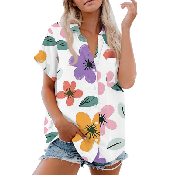 Women's Short Sleeved Shirt, Daily Fashion Printed Button Top, Chest Pocket Cardigan