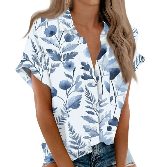 Women's Short Sleeved Shirt, Daily Fashion Printed Button Top, Chest Pocket Cardigan