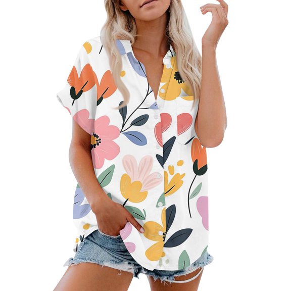 Women's Short Sleeved Shirt, Daily Fashion Printed Button Top, Chest Pocket Cardigan