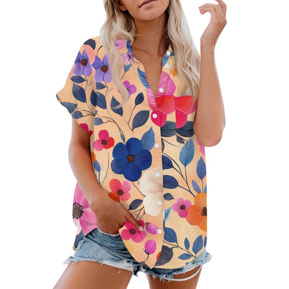 Women's Short Sleeved Shirt, Daily Fashion Printed Button Top, Chest Pocket Cardigan