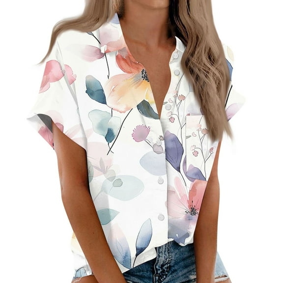 Women's Short Sleeved Shirt, Daily Fashion Printed Button Top, Chest Pocket Cardigan