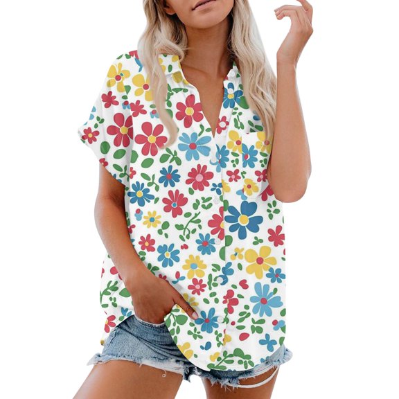 Women's Short Sleeved Shirt, Daily Fashion Printed Button Top, Chest Pocket Cardigan