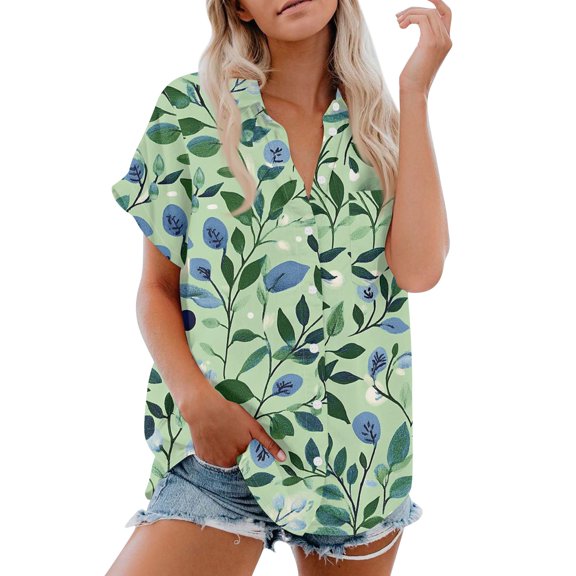 Women's Short Sleeved Shirt, Daily Fashion Printed Button Top, Chest Pocket Cardigan