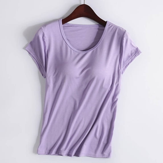 Women’s Short Sleeved Sleepwear Top with Built-in Chest Pad Bra Cup Vest Pajamas
