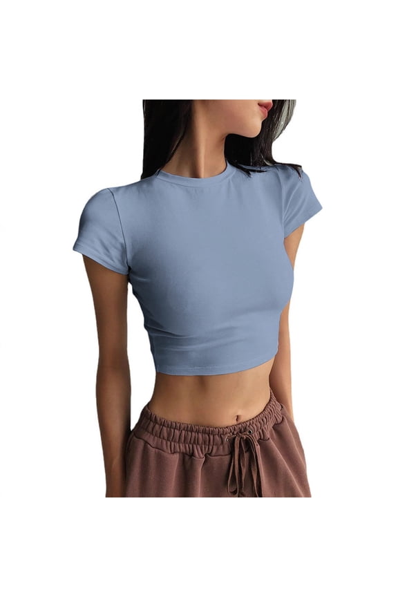 Women’s Short-Sleeved T-Shirt JIANLAI Casual Plain-Colored T-Shirt, Wide Shoulders High Waist Open Collar Bare Back Attire, Women’s Short Blouse XS-XL Light Blue