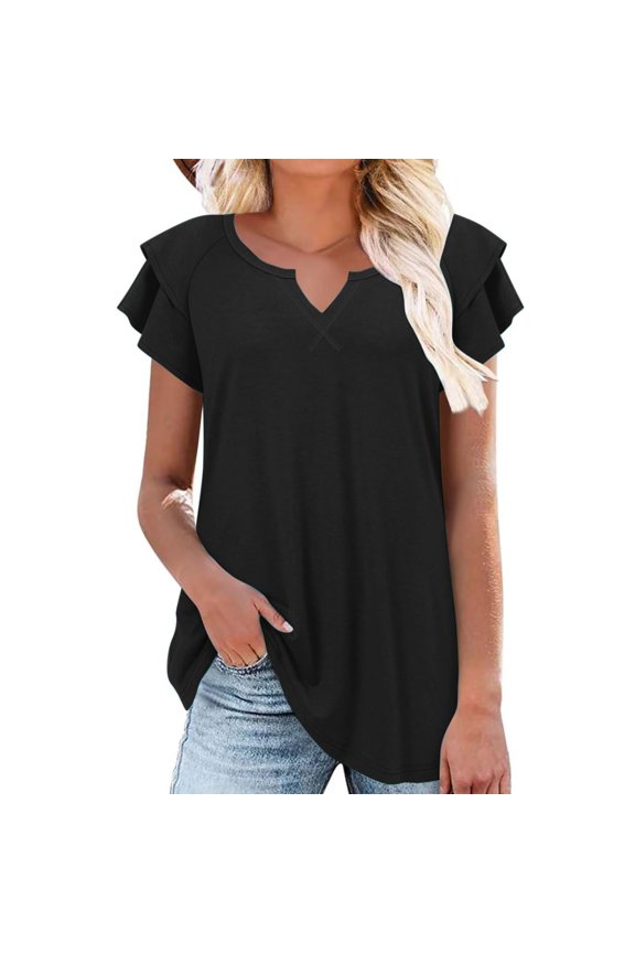 Women's Short Sleeved V-neck T-shirt, Solid Color Casual Double-layer Sleeved Sexy Top T-shirt