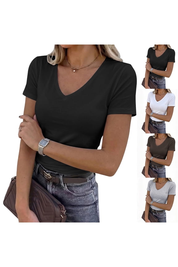 Women's Short Sleeves Fitted Shirt Basic V Neck Slim T Shirt Tops White S