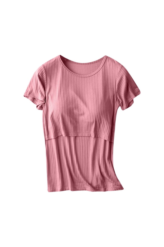 Women's Short Sleeves Maternity Shirts with Built In Bra Nursing Tops Casual Double Laye Breastfeeding Tees Pregnancy Clothes