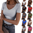 thumbnail image 1 of Women's Short Sleeves Ribbed Fitted Shirt Basic V Neck Slim T Shirt Tops Gray L, 1 of 6