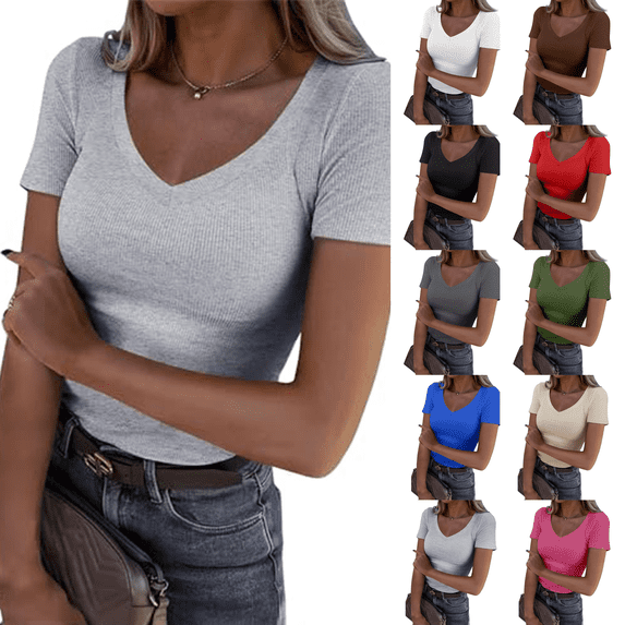 Women's Short Sleeves Ribbed Fitted Shirt Basic V Neck Slim T Shirt Tops Gray L