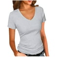 thumbnail image 1 of Women's Short Sleeves Ribbed Fitted Shirt Basic V-Neck Slim T-Shirt Tops, 1 of 5