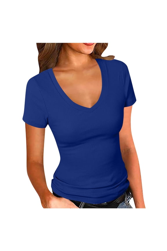 Women's Short Sleeves Ribbed Fitted Shirt Basic V-Neck Slim T-Shirt Tops