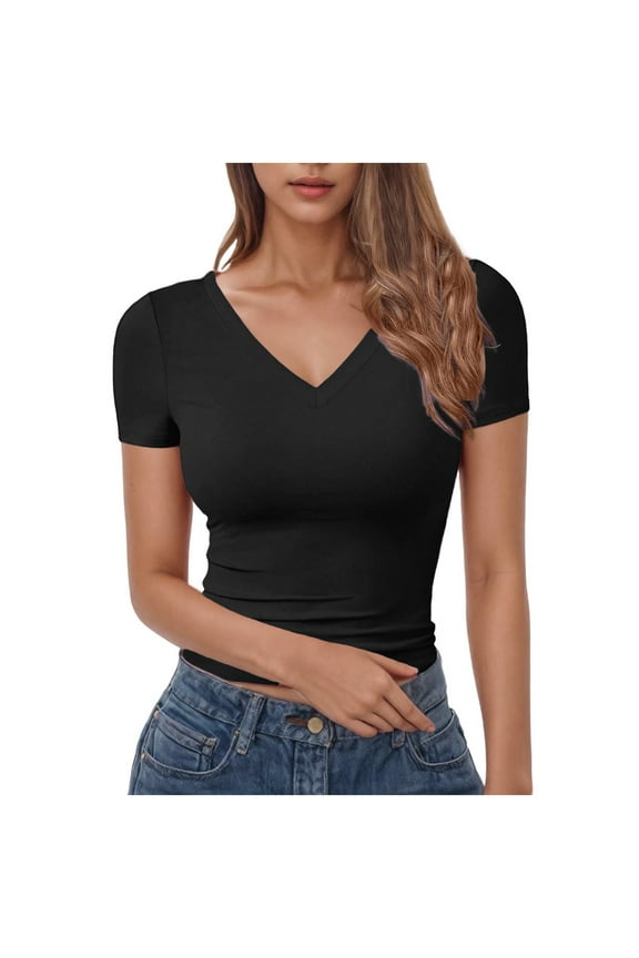 Women's Short Sleeves Ribbed Fitted Shirt Basic V Neck Slim T Shirt Tops