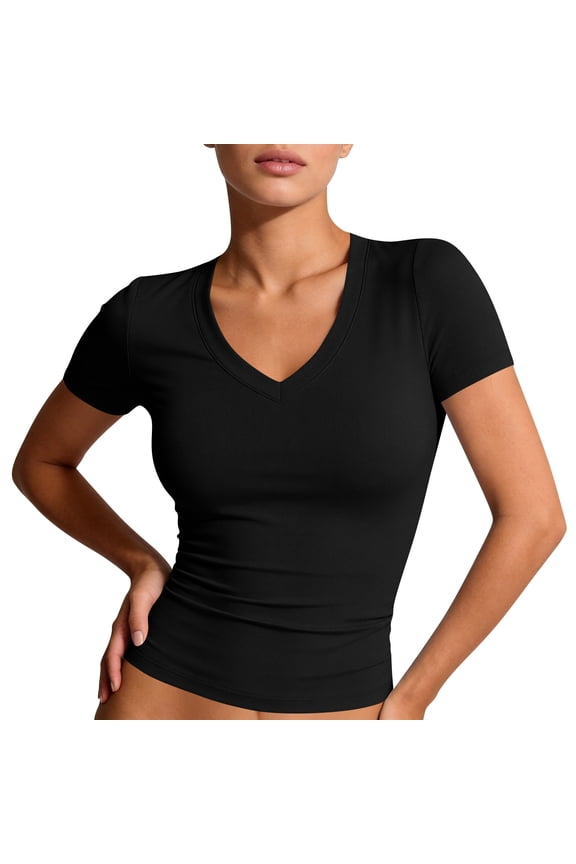 Women's Short Sleeves Shirt Ribbed Fitted Basic V Neck Slim Shirt Tops Black S