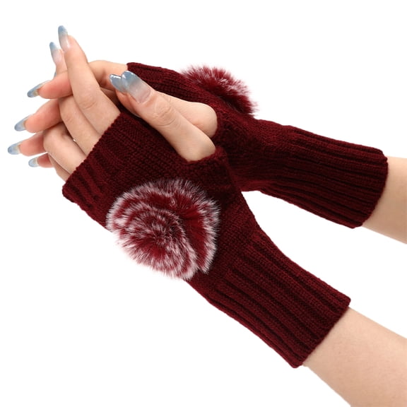 Women's Short Style Pom Pom Gloves, Knit Fingerless Gloves with Sleeve Covers, Fashionable Half Finger Warm Gloves, Cute Ball Accent Wrist Warmers Red