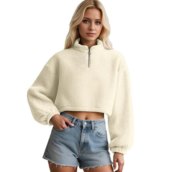 Women's Short Sweatshirt Half-Zip Crewneck Warm Lined Sweatshirt, Solid Color Long Sleeve Pullover Sweater Cozy Casual Wear,Size:S