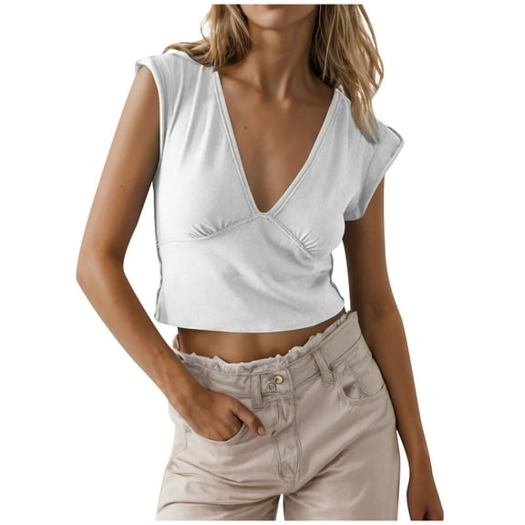 Women's Short T-Shirts Solid Color Short Sleeve Shirts V-Neck Loose Irregular Pleated Blouses Crop Top