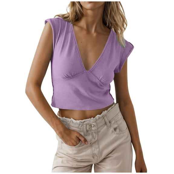 Women's Short T-Shirts Solid Color Short Sleeve Shirts V-Neck Loose Irregular Pleated Blouses Crop Top