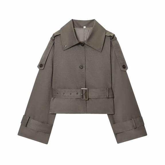 Women's Short Trench Style Jacket with a Notch Lapel and Long Sleeves