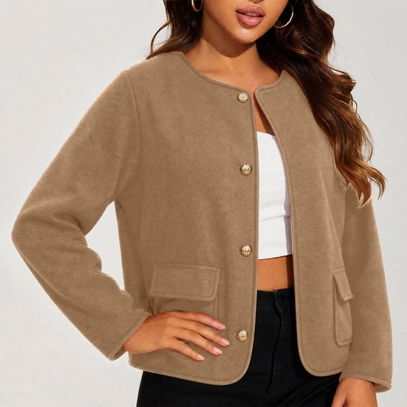 Women's Short Tweed‑Style Jacket, Round Neck, Decorative Gold Buttons, Dual Patch Pockets, Smooth Fabric, Office‑Style Outercoat Khaki XXXXXL