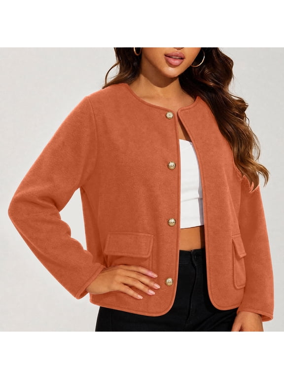 Women's Short Tweed‑Style Jacket, Round Neck, Decorative Gold Buttons, Dual Patch Pockets, Smooth Fabric, Office‑Style Outercoat Orange XL
