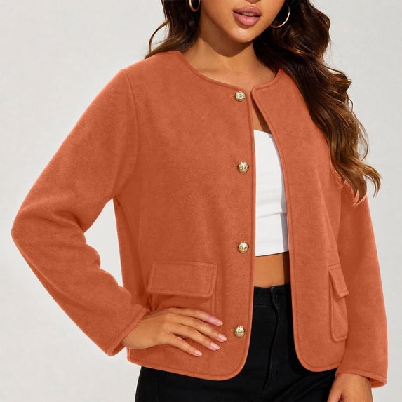 Women's Short Tweed‑Style Jacket, Round Neck, Decorative Gold Buttons, Dual Patch Pockets, Smooth Fabric, Office‑Style Outercoat Orange XXXL
