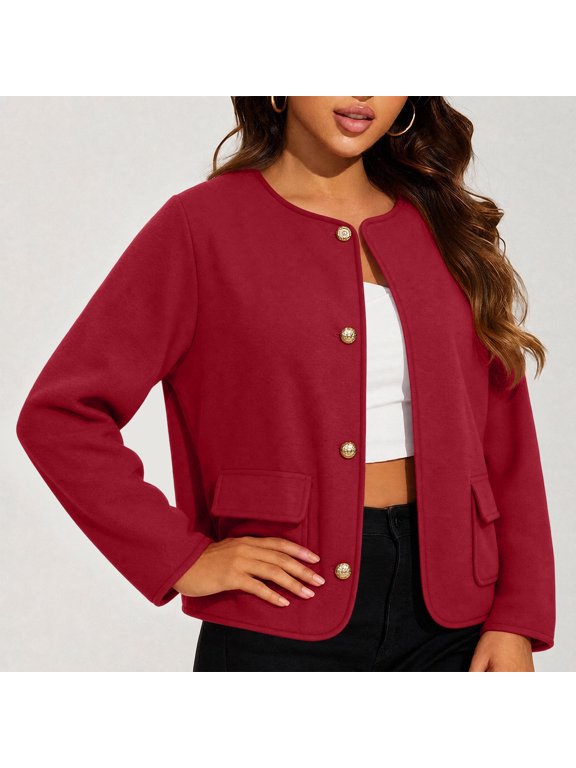 Women's Short Tweed‑Style Jacket, Round Neck, Decorative Gold Buttons, Dual Patch Pockets, Smooth Fabric, Office‑Style Outercoat Red XXL