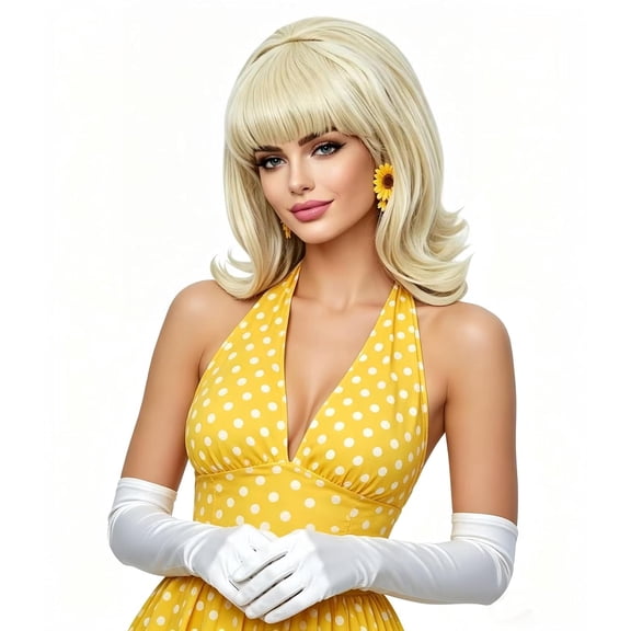 Women's Short Wavy Blonde Synthetic Wig, Retro Beehive Style Wig with Bangs, Heat Resistant Fiber No Lace Daily & Party Hair Wig