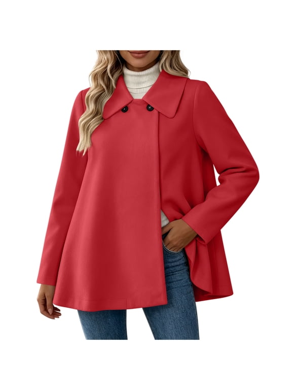 Women's Short Wool Blend Coat Long Sleeve Open Front Relaxed Fit A-Line Wide Lapel Double Breasted A Line LooFall Winter Outerwear Casual Solid Overcoat(Red,L)