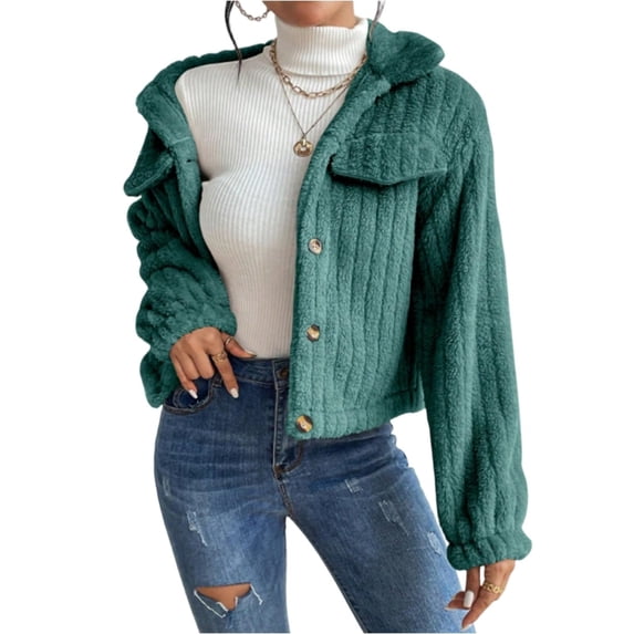 Women's Short Wool Button-Down Lapel Warm Puffy Coat with Pockets