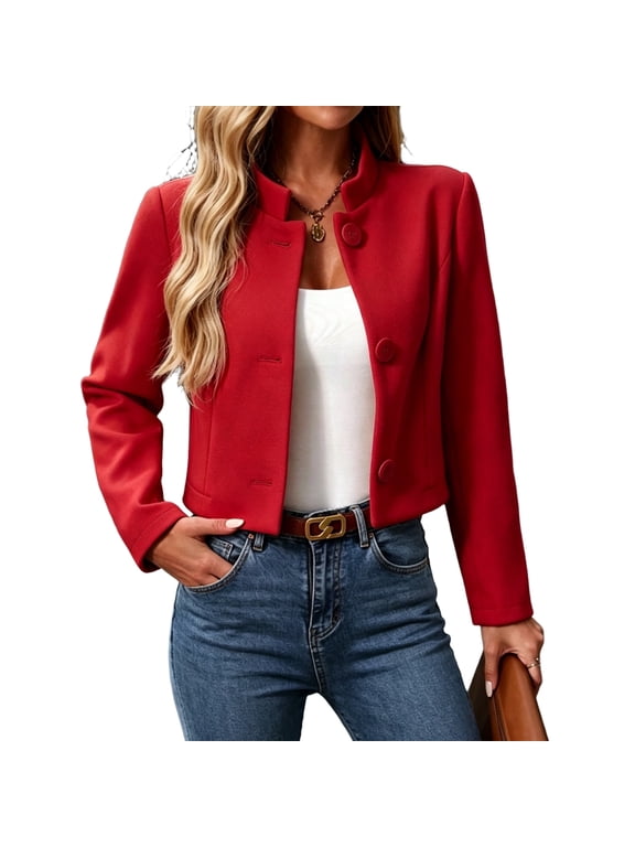 Women's Short Wool Coat Stand Collar Single Breasted Slim Fit