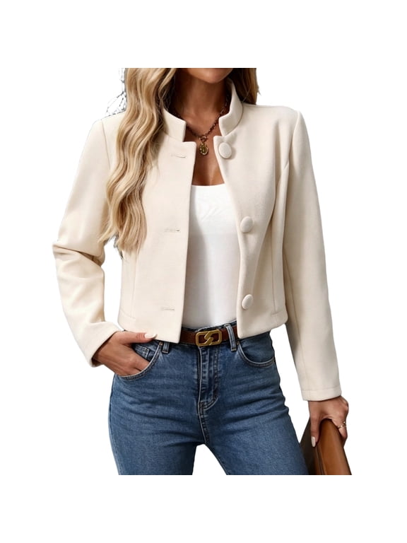 Women's Short Wool Coat Stand Collar Single Breasted Slim Fit