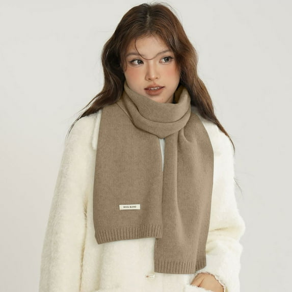Women's Short Wool Scarf, Solid Color Lightweight Winter Neck Scarf, Soft Knitted Fashion Scarf for Everyday Wear, Petite Scarf for Casual and Office Use - Khaki